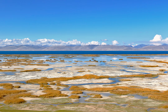 Beautiful landscape at sunset on the shores of Lake Junin