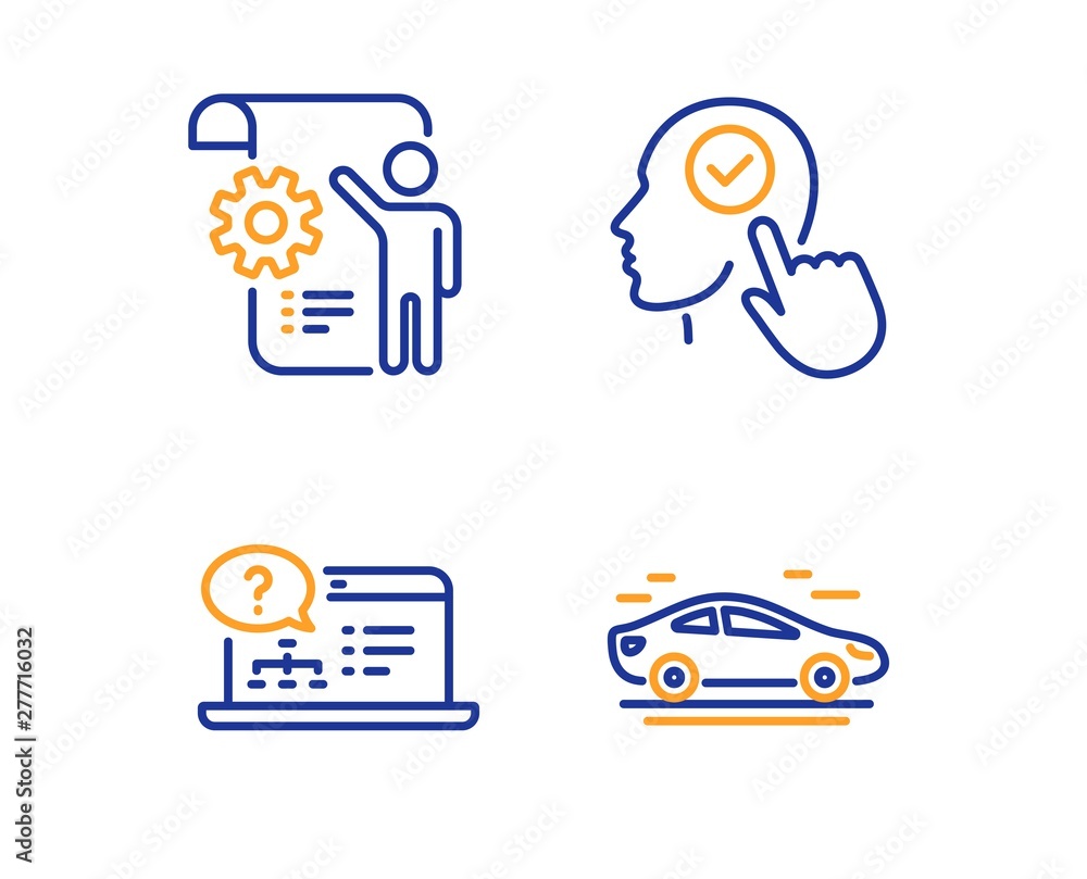 Poster select user, online help and settings blueprint icons simple set. car sign. head with checkbox, web 