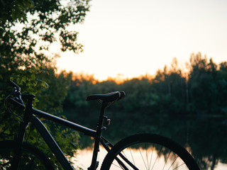 Fototapeta na wymiar Mountain bike stands in the forest by the river at sunset with a place for text