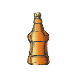 Hand Drawn Blank Embossed Bottle Of Beer . Ink Design Mockup Modern Bottle Of Alcoholic Liquid With Foil On Top. Color Glass Or Plastic Container Cartoon Illustration