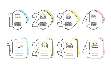 Credit card, Monitor settings and Cream icons simple set. Wifi sign. Mail, Service cogwheel, Best lotion. Internet router. Business set. Infographic timeline. Line credit card icon. 4 options or steps
