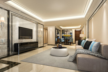 3d rendering modern dining room and living room with luxury decor