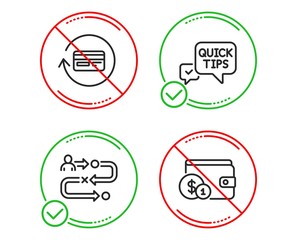 Do or Stop. Quick tips, Refund commission and Journey path icons simple set. Buying accessory sign. Helpful tricks, Cashback card, Project process. Wallet with coins. Business set. Vector