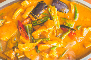 Curry Assam Fish slice with eggplant brinjal okra lady's fingers long beans snap beans