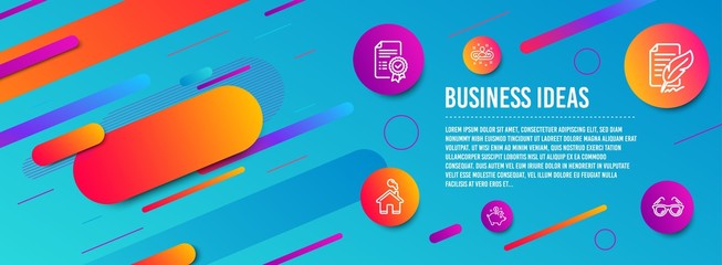 Header banner. Recruitment, Certificate and Saving money icons simple set. Feather signature, Home and Sunglasses signs. Manager change, Verified document. Business set. Line recruitment icon. Vector