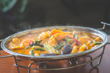 Curry Assam Fish slice with eggplant brinjal okra lady's fingers long beans snap beans