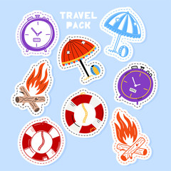 Set of travel stickers, pins, patches and handwritten collection in cartoon style. Funny greetings for clothes, card, badge, icon, postcard, banner, tag, stickers, print