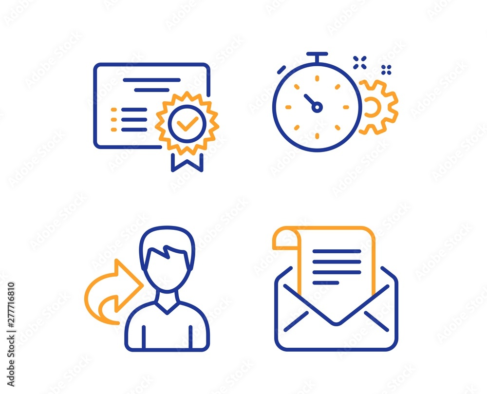 Aufkleber share, cogwheel timer and certificate icons simple set. mail newsletter sign. male user, engineering
