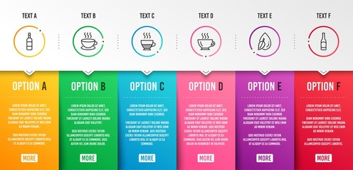 Doppio, Brandy bottle and Cappuccino icons simple set. Coffee, Water drop and Beer signs. Coffee drink, Whiskey. Food and drink set. Infographic template. 6 steps timeline. Business options. Vector