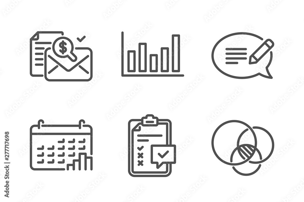 Poster calendar graph, column chart and accounting report icons simple set. message, checklist and euler di