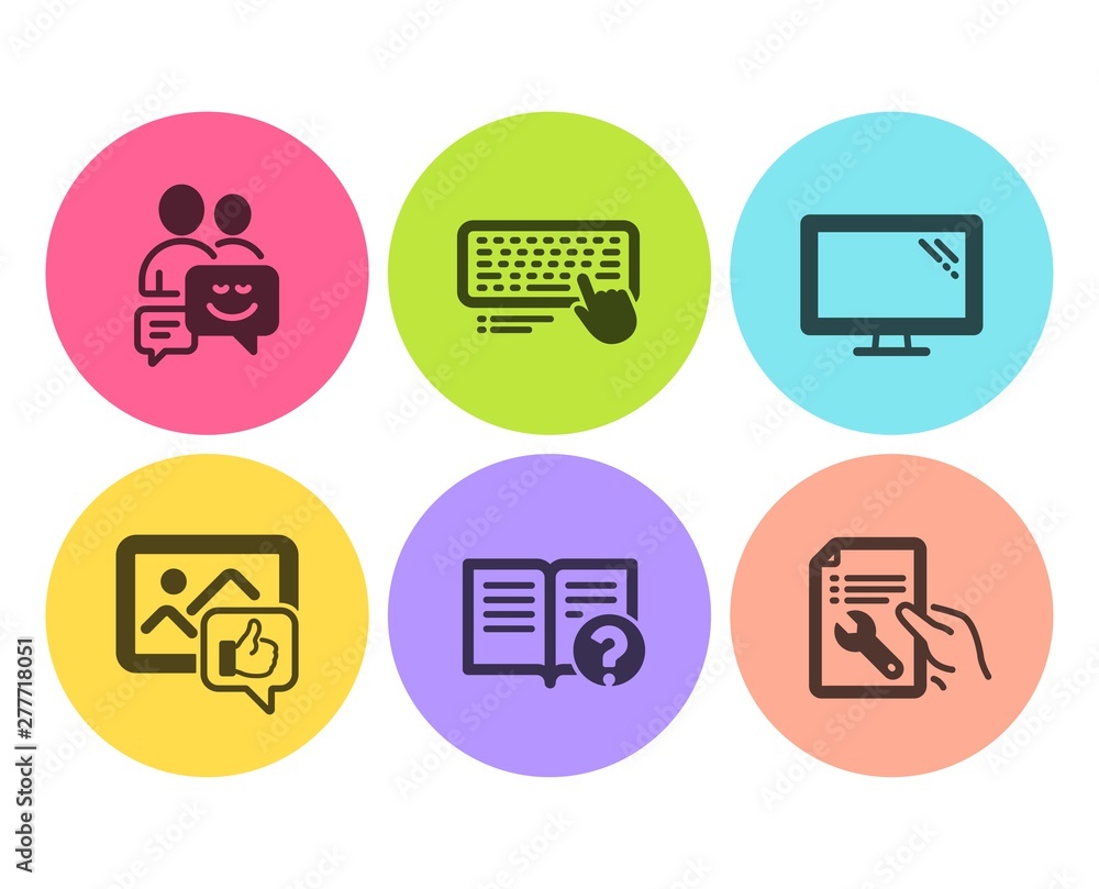 Poster like photo, monitor and help icons simple set. communication, computer keyboard and repair document 