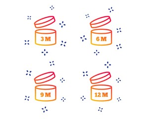 After opening use icons. Expiration date 6-12 months of product signs symbols. Shelf life of grocery item. Random dynamic shapes. Gradient expiration icon. Vector