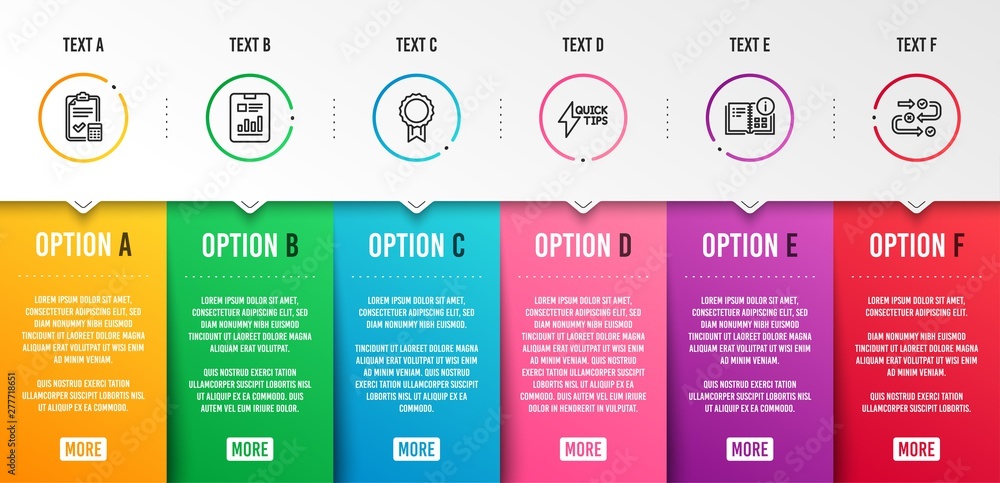 Poster instruction info, quickstart guide and report document icons simple set. accounting checklist, rewar