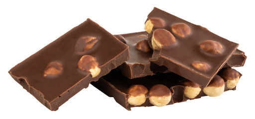 chocolate pieces with nuts isolated on white background
