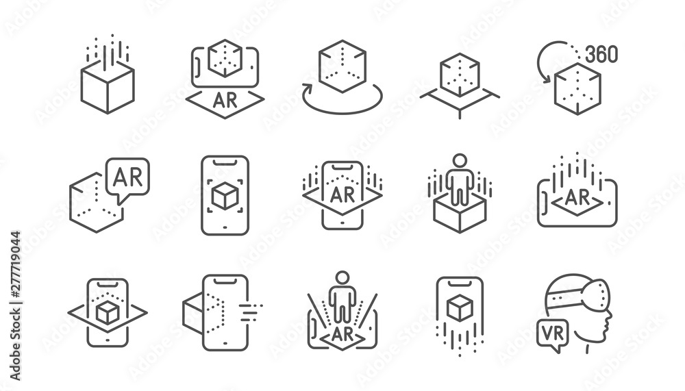 Poster augmented reality line icons. vr simulation, panorama view, 360 degrees. virtual reality gaming, aug