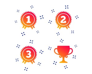 First, second and third place icons. Award medals sign symbols. Prize cup for winner. Random dynamic shapes. Gradient award icon. Vector