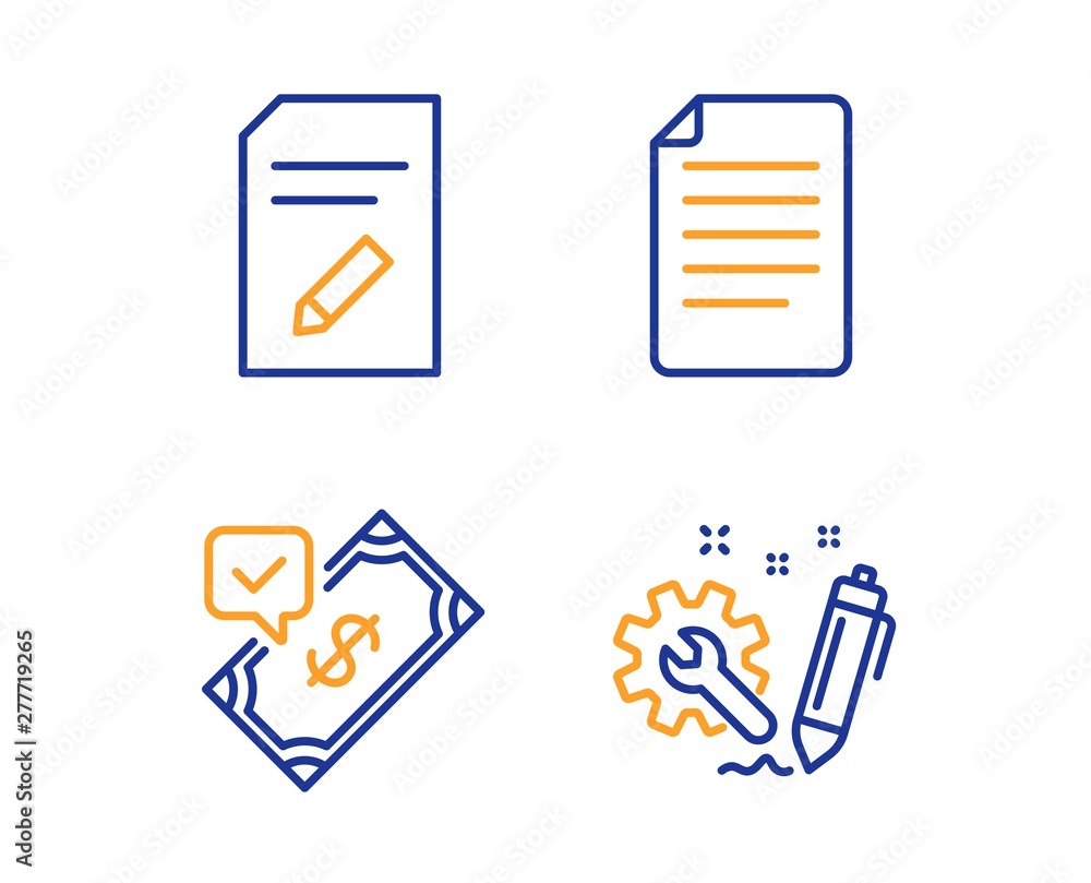 Poster edit document, accepted payment and file icons simple set. engineering sign. page with pencil, bank 