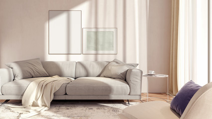 Fototapeta premium Modern white interior design of living room 3D Rendering