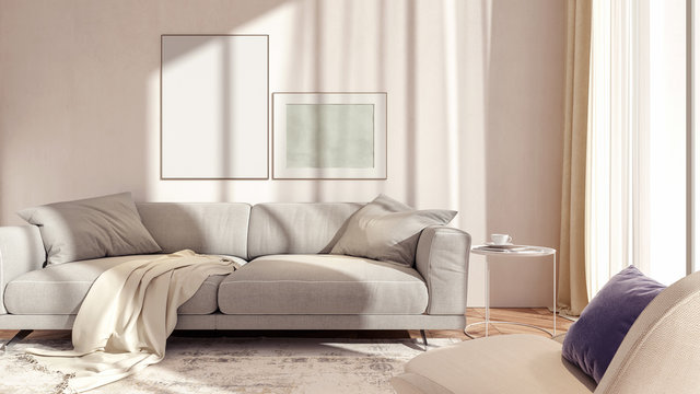 Modern white interior design of living room 3D Rendering
