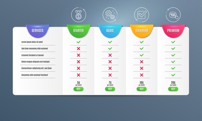 Work, Checkbox and Best rank icons simple set. Comparison table. Quick tips sign. Settings, Approved tick, Success medal. Helpful tricks. Education set. Pricing plan. Compare products. Vector