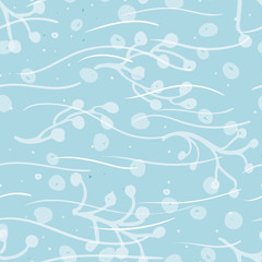 Fototapeta na wymiar Blue vector repeat pattern with seaweed, wave and bubble. Underwater beach pattern. Surface pattern design.