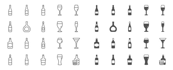 Wine bottle line icons. Set of Craft beer, Whiskey and Wine glass icons. Champagne bottle, Alcohol drink and Scotch with ice. Wineglass, Beer glass and Restaurant goblet signs. Beverage drink. Vector
