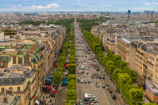 Great panoramic aerial view of the Avenue des Champs-&Eacute;lys&eacute;es, an avenue in the 8th arrondissement of Paris, towards the Place de la Concorde. It is one of the most recognisable avenues in the world.