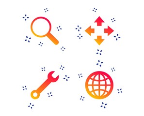Magnifier glass and globe search icons. Fullscreen arrows and wrench key repair sign symbols. Random dynamic shapes. Gradient wrench key icon. Vector
