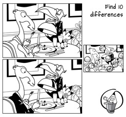 Camel in a restaurant. Find 10 differences. Educational matching game for children. Black and white cartoon vector illustration