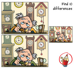 Watchmaker repairing broken old watch. Find 10 differences. Educational matching game for children. Cartoon vector illustration