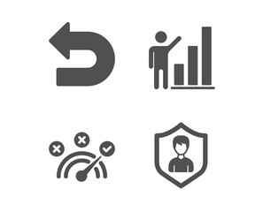 Set of Graph chart, Undo and Correct answer icons. Security agency sign. Growth report, Left turn, Speed symbol. People protection.  Classic design graph chart icon. Flat design. Vector