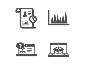 Set of Line graph, Report and Online help icons. Online delivery sign. Market diagram, Work statistics, Web support. Parcel tracking website.  Classic design line graph icon. Flat design. Vector