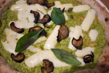Pizza with zucchini sauce, eggplant and mozzarella cheese