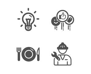 Set of Like, Food and Idea icons. Repairman sign. Social media likes, Restaurant, Light bulb. Repair service.  Classic design like icon. Flat design. Vector