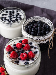 Milk yogurt with blueberries, raspberries, detox. Copy space.