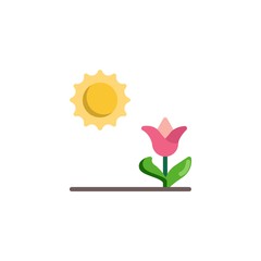 Flower blooms under the sun flat icon, vector sign, Growing flower and sun colorful pictogram isolated on white. Symbol, logo illustration. Flat style design