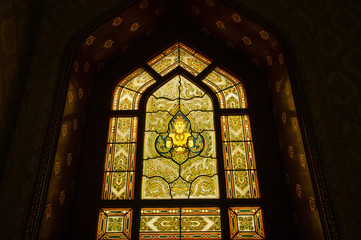 Multicolored stained glass on famous temple window
