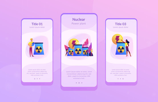 Engineers working at nuclear power plant reactors releasing energy. Nuclear energy, nuclear power plant, sustainable energy source concept. Mobile UI UX GUI template, app interface wireframe