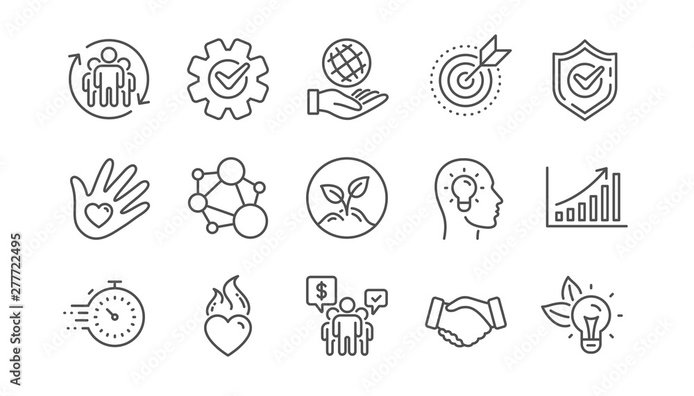Poster core values line icons. integrity, target purpose and strategy. trust handshake, social responsibili