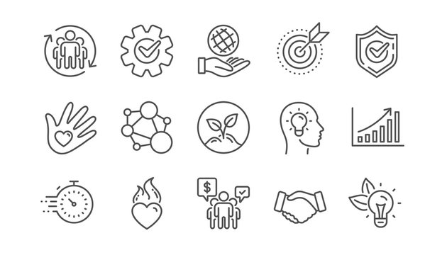Core values line icons. Integrity, Target purpose and Strategy. Trust handshake, social responsibility, commitment goal icons. Linear set. Vector