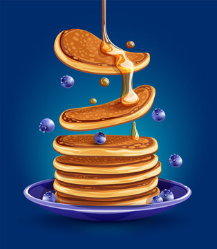 Pancakes with blueberries on the plate. Traditional sweet american breakfast with berries, creative food on blue background, Maple syrup flows at falling pancakes. Eps10 vector illustration.