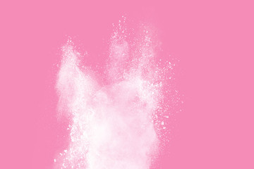 White powder explosion on pink background. White dust splash cloud on pink background.