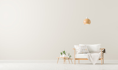 Empty wall mock up in Scandinavian style interior with armchair. Minimalist interior design. 3D illustration.