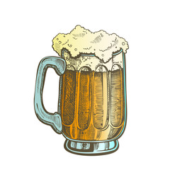 Hand Drawn Mug With Froth Bubble Light Beer Vector. Full Mug With Handle And Foam Alcoholic Frosty Brewery Craft Liquid Light Lager. Pub Tavern Drink Closeup Color Mockup Illustration