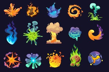 Obraz na płótnie Canvas Cartoon explosion icon set. Boom effect vector elements for game design, illustrations etc. Animation scenes of explosion with smoke effect in fantasy style. Vector Magical boom icons.