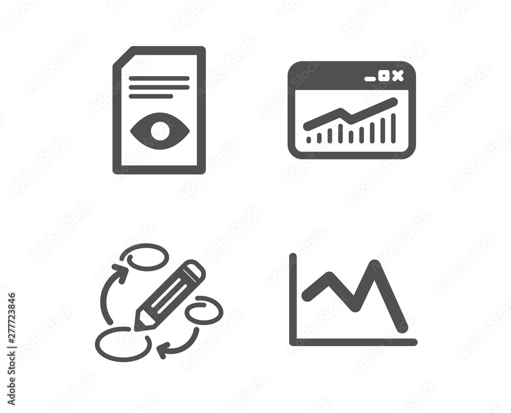 Poster set of keywords, website statistics and view document icons. line chart sign. marketing strategy, da