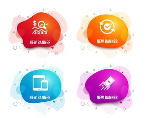 Liquid badges. Set of Approved, Check investment and Mobile devices icons. Fast payment sign. Refresh symbol, Business report, Smartphone with tablet. Finance transfer.  Gradient approved icon