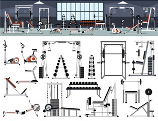Gym interior builder. Fitness center design in flat style with power rack,Bench Press, Pull-Down, Pec Deck, Dumbbells, Exercise Bike, Leg Curl, Hack Squat, Leg Extension,leg abduction, Smith Machines. © Microstocker.Pro
