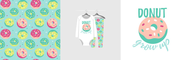 Seamless pattern and illustration for kid with sweet quote Donut grow up. Cute design pajamas on hanger. Baby background for clothes, birthday decor, t-shirt print, wear fashion, invitation card