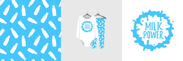 Seamless pattern and illustration for kid with splash, text Milk power. Cute design pajamas on hanger. Baby background for clothes, room birthday decor, t-shirt print, wear fashion, invitation card